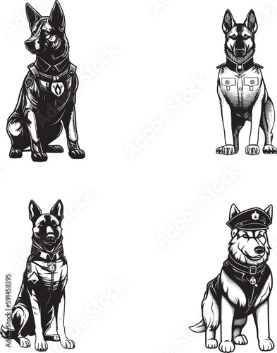 Police officer german shepard full body, cartoon simple sports logo graphic, black on white background