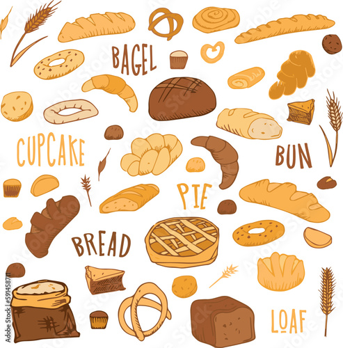 bread outline pattern. Drawing rye, whole grain and wheat bread, pretzel, muffin, pita bread, ciabatta, croissant, bagel, toast bread, French baguette for bakery menu decoration. Vector illustration.