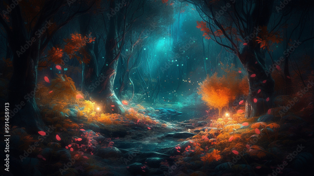 A fairy-tale beautiful, mysterious, night forest is surrounded by a magical aura and filled with unusual light. Tall, amazing trees are illuminated by a delicate, moonlight glow, c Generative AI
