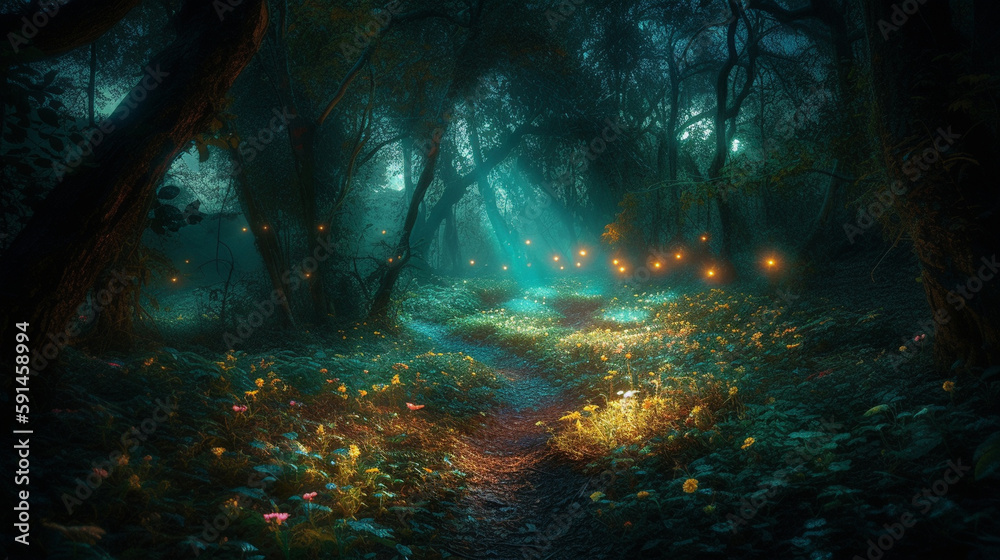 A fairy-tale beautiful, mysterious, night forest is surrounded by a magical aura and filled with unusual light. Tall, amazing trees are illuminated by a delicate, moonlight glow, c Generative AI