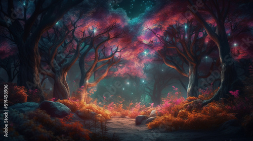 A fairy-tale beautiful  mysterious  night forest is surrounded by a magical aura and filled with unusual light. Tall  amazing trees are illuminated by a delicate  moonlight glow  c Generative AI