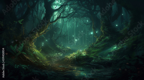 A very beautiful  mysterious  night forest is surrounded by a magical aura and illuminated by bright light  creating a stunning and mesmerizing view. Tall  amazing trees and beauti Generative AI