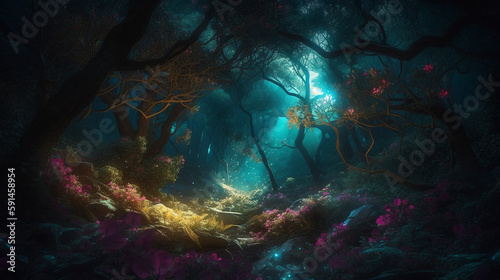 A very beautiful, mysterious, night forest is surrounded by a magical aura and illuminated by bright light, creating a stunning and mesmerizing view. Tall, amazing trees and beauti Generative AI © Julia