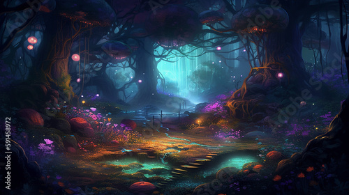 A fairy-tale beautiful  mysterious  night forest is surrounded by a magical aura and filled with unusual light. Tall  amazing trees are illuminated by a delicate  moonlight glow  c Generative AI