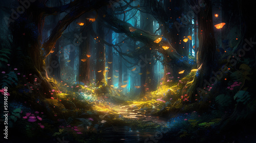 A fairy-tale beautiful, mysterious, night forest is surrounded by a magical aura and filled with unusual light. Tall, amazing trees are illuminated by a delicate, moonlight glow, c Generative AI © Julia