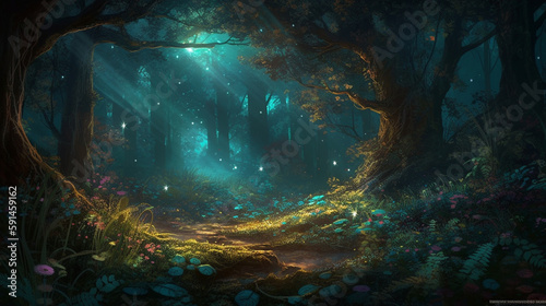 A fairy-tale beautiful, mysterious, night forest is surrounded by a magical aura and filled with unusual light. Tall, amazing trees are illuminated by a delicate, moonlight glow, c Generative AI © Julia