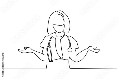 female doctor masked two hands option decision line art