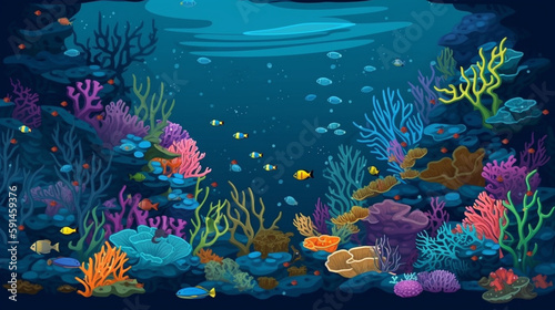 Generate a very beautiful description of the ocean floor with clear water  exotic marine life  and corals in 200 words. Only leave nouns and adjectives  and separate the words with Generative AI