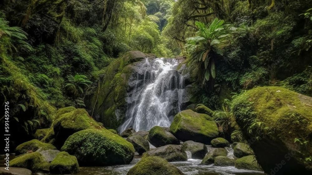High mountains covered with moss surround a beautiful waterfall in an area full of lush greenery. The water in the waterfall is crystal clear, allowing one to admire the stunning s Generative AI High mountains covered with moss surround a beautiful waterfall in an area full of lush greenery. The water in the waterfall is crystal clear, allowing one to admire the stunning s Generative AI