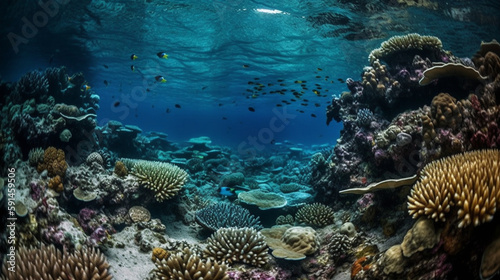 Generate a very beautiful description of the ocean floor with clear water, exotic marine life, and corals in 200 words. Only leave nouns and adjectives, and separate the words with Generative AI © Julia