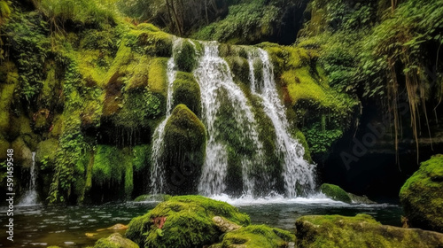 High mountains covered with moss surround a beautiful waterfall in an area full of lush greenery. The water in the waterfall is crystal clear  allowing one to admire the stunning s Generative AI