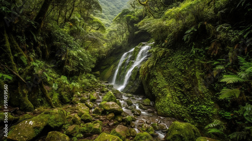 High mountains covered with moss surround a beautiful waterfall in an area full of lush greenery. The water in the waterfall is crystal clear, allowing one to admire the stunning s Generative AI