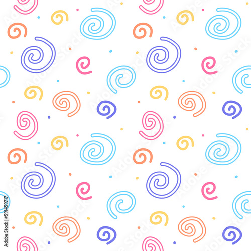 Hand drawn swirl and dots vector seamless pattern in various colors perfect for wrapping paper, fashion and cloth texture, present background.