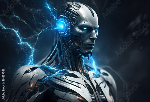 Robot producing a powerful electricity power surge force from the mind of its digital brain while machine learning  Generative AI stock illustration image