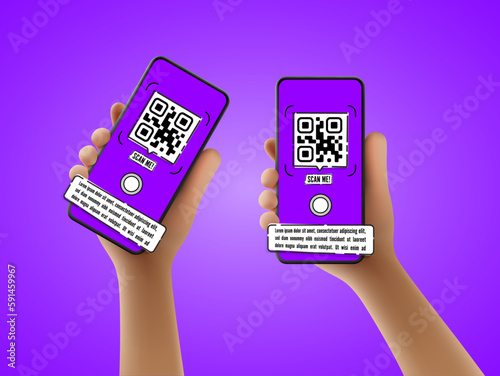 Vector cartoon hand holding the black smartphone with a QR code scanner me on screen and modern frameless design two positions angled and vertical - isolated on transparent background