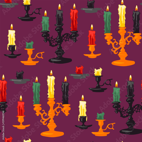 A pattern of a set of candles of varying degrees of burnout with candlesticks on purple. Red, black, yellow candles for divination in groups. Gift wrapping for Halloween. Candles are burning
