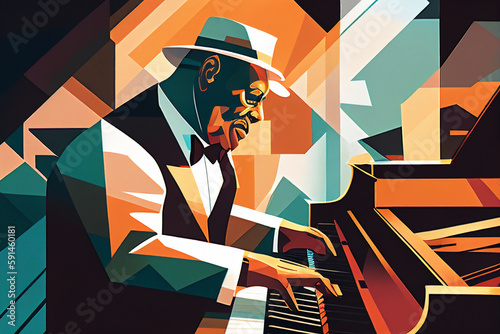 Tela Afro-American male jazz musician pianist playing a piano in an abstract cubist s