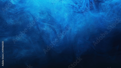 Glitter mist abstract background. Ink water splash. Sky haze wave. Blue color glowing shimmering dust particles texture vapor cloud floating on dark black.
