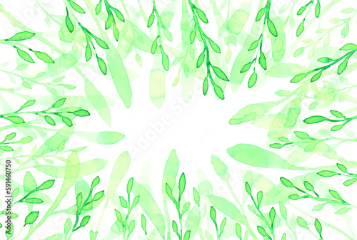 Fototapeta Naklejka Na Ścianę i Meble -  Floral frame. Green watercolor greeting card frame on a white background. Square foliage template. Leaves illustration for invitation card and more. Botanical print. Beautiful natural decoration.