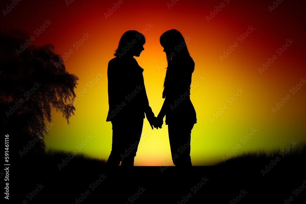 Relationship concept. Illustration of two lesbian females dark silhouettes holding hands in abstract rainbow colored background. Generative AI