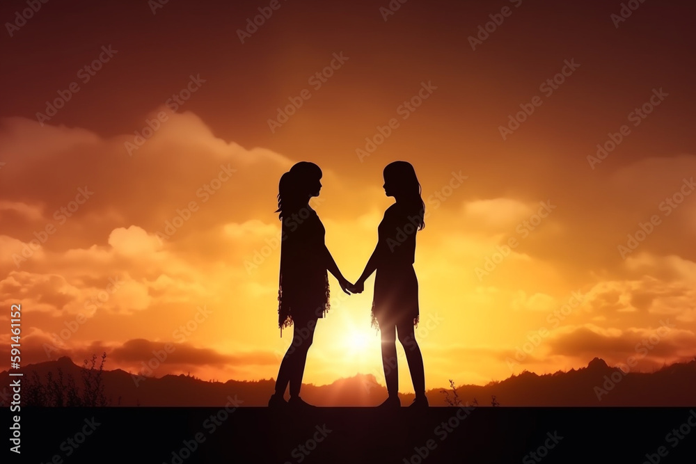 Relationship concept. Illustration of two lesbian females dark silhouettes holding hands in abstract sunset colored background. Generative AI