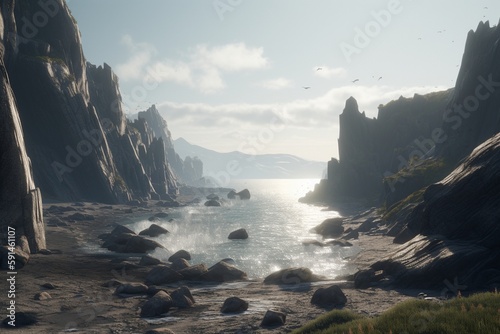 A minimalist landscape with a rocky or craggy coastline, Generative AI