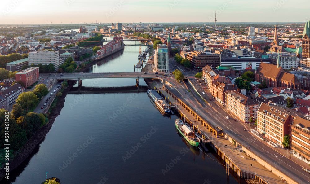 Bremen, Germany. Aerial View on Historical Center of Bremen, Marktplatz at Sunrise. - obrazy, fototapety, plakaty 