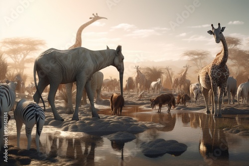 A detailed illustration of a herd of animals in the wild, Generative AI