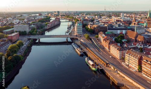 Bremen, Germany. Aerial View on Historical Center of Bremen, Marktplatz at Sunrise. photo