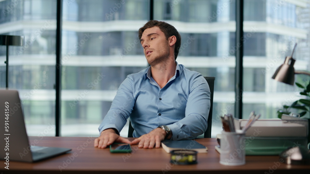 Obraz premium Tired manager working thinking closeup. Exhausted employee solving problems