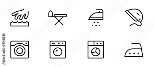 laundry service icons, washing machine icon, iron. vector editable stroke outline icon isolated on white background flat vector illustration.