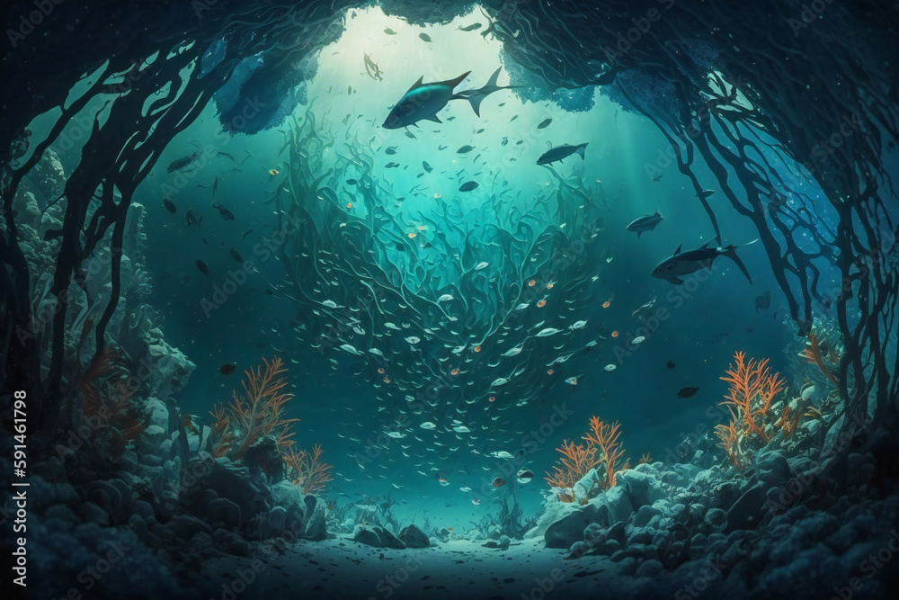 Obraz premium An underwater scene with a fish swimming in the water Generative AI