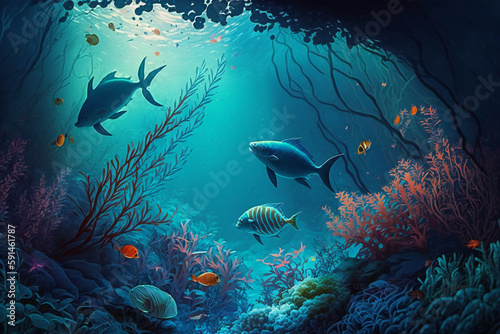 An underwater scene with a fish swimming in the water Generative AI © LayerAce.com