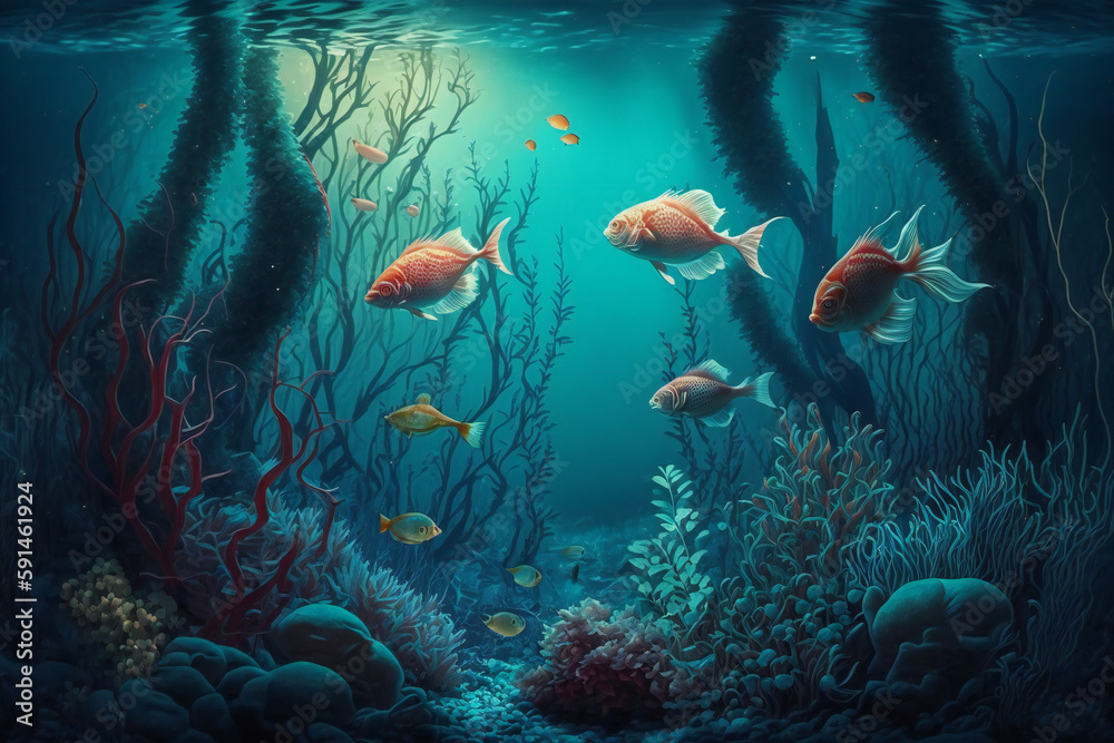 An underwater scene with a fish swimming in the water Generative AI