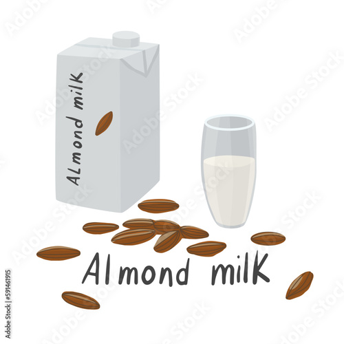 Vector set on the subject of lactose intolerance. Collection of almond milk, almond nuts, glasses with vegetable milk, text "Almond milk"