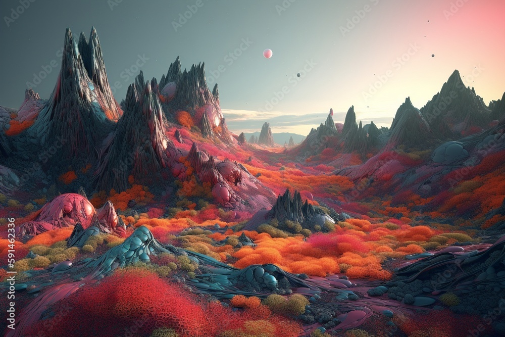 A surreal illustration of a cosmic or otherworldly landscape, Generative AI