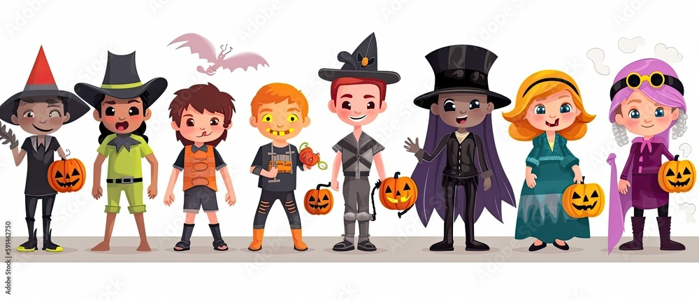 Set of colorful kids in Halloween costumes Set of colorful kids in Halloween costumes