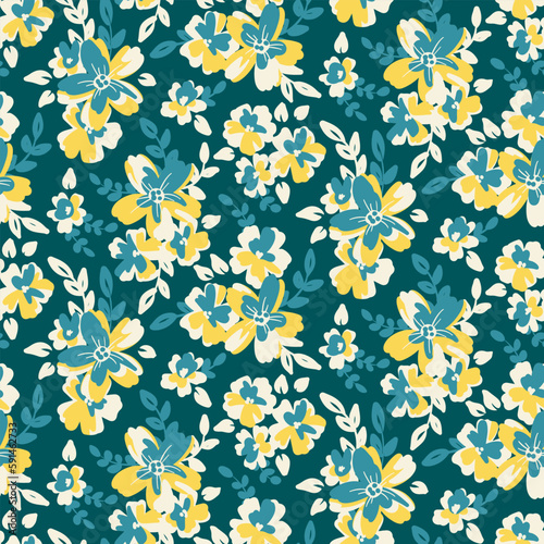 Seamless floral pattern, artistic ditsy print with vintage motif. Elegant botanical design for fabric, paper with hand drawn small blue-yellow flowers, leaves on a blue background. Vector illustration