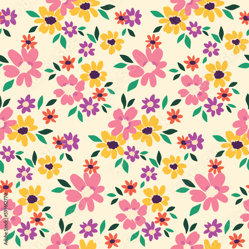 Seamless floral pattern, liberty ditsy print with pretty hand drawn daisies. Cute botanical surface design with a gentle meadow: small flowers, leaves on a white background. Vector illustration.