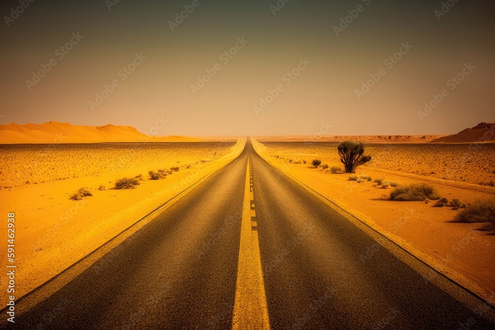 an endless road stretching through a vast desert landscape. Generative AI