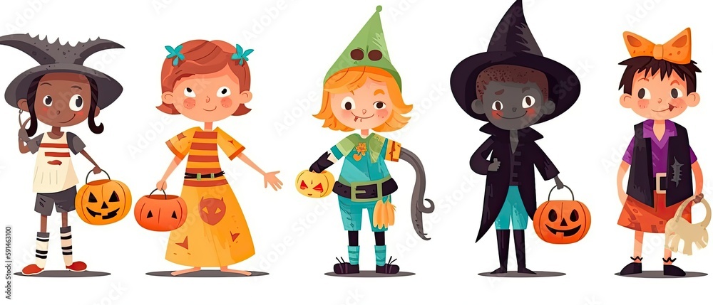 Obraz premium Set of colorful kids in Halloween costumes