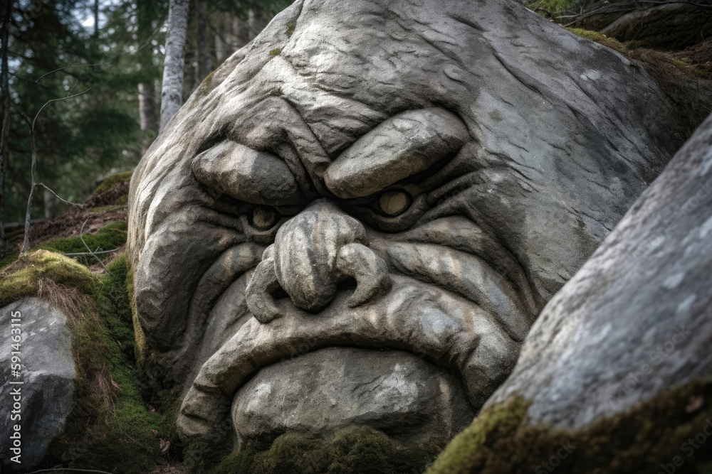 Huge Norwegian troll pretends to be a rock and watches. Created with Generative AI technology.
