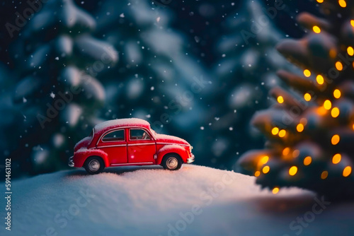 Christmas card with little red car goes for the Christmas tree. Created with Generative AI technology.