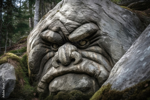 Huge Norwegian troll pretends to be a rock and watches. Created with Generative AI technology.