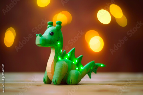 Portrait of toy wooden green dragon - symbol of new year 2024 according to Chinese calendar. Created with Generative AI technology.