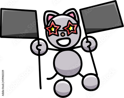 旗を持って盛り上がるにゃんまるのイラスト　猫