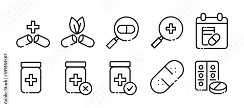 Medicines. Line icon, black, medical drugs.Vector icons
