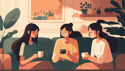 Group of girlfriends having a social coffee. Flat art illustration. Generative Ai,