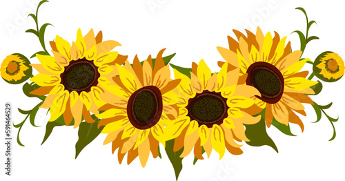 Vector floral composition with sunflowers, leaves, foliage, branches, fern leaves and place for your text.