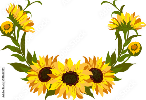 Vector floral composition with sunflowers, leaves, foliage, branches, fern leaves and place for your text.